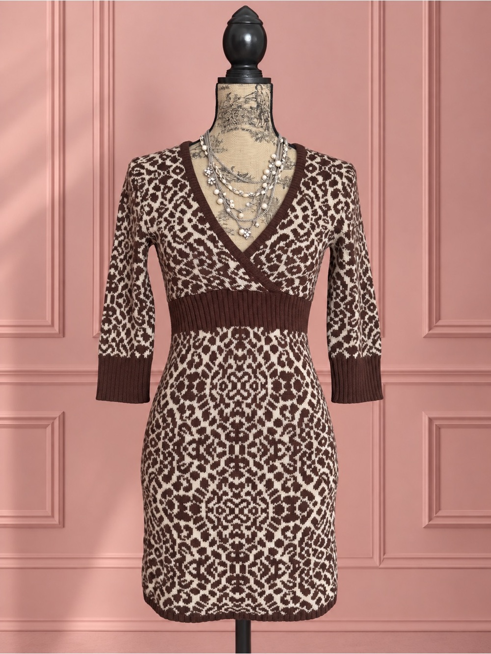 Y2K Seduction Brown and Cream Knit V-Neck Sweater Dress